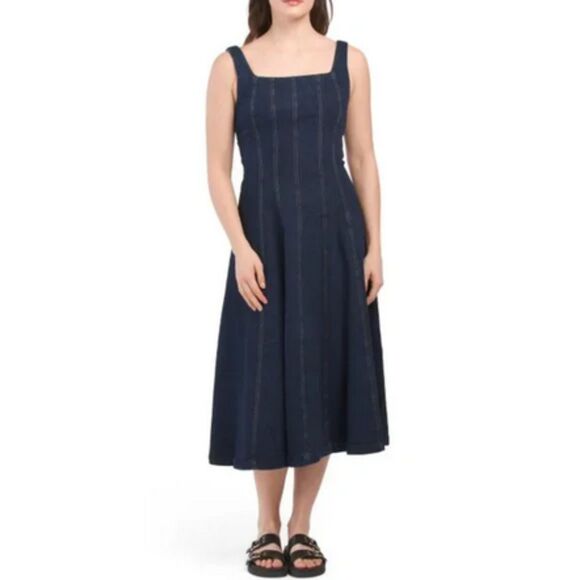 Denim Elie Tahari Square Neck Seamed Sleeveless Swing Midi Jean Dress (NWT) - Picture 3 of 3